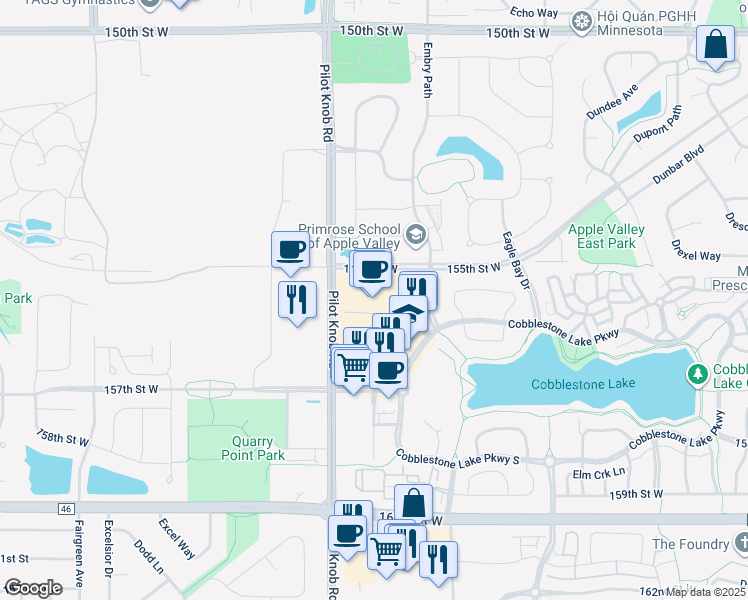 map of restaurants, bars, coffee shops, grocery stores, and more near 15560 Pilot Knob Road in Apple Valley