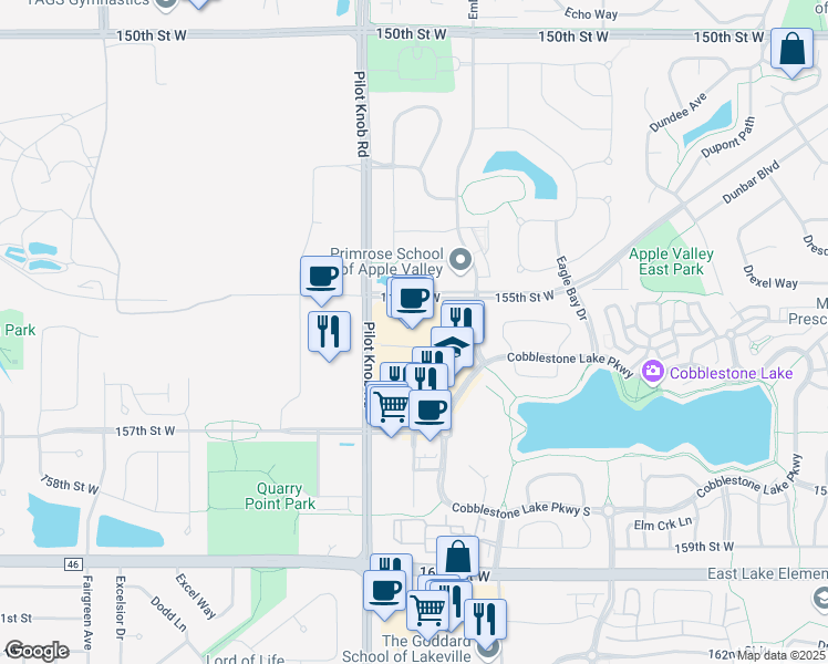 map of restaurants, bars, coffee shops, grocery stores, and more near 15560 Pilot Knob Road in Apple Valley