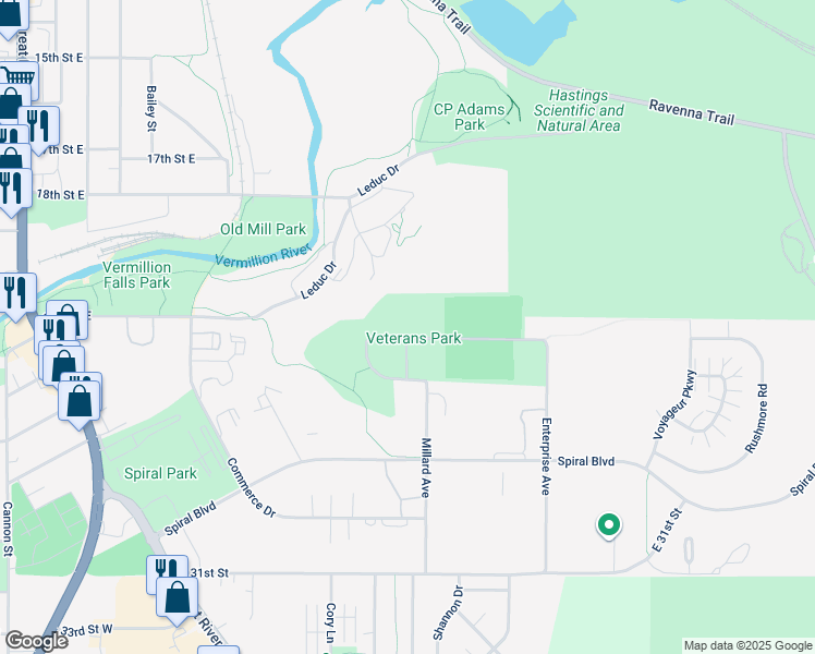 map of restaurants, bars, coffee shops, grocery stores, and more near 2500 Soccer Field Road in Hastings
