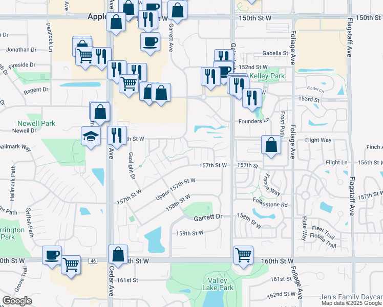 map of restaurants, bars, coffee shops, grocery stores, and more near 15522 Garnet Way in Apple Valley