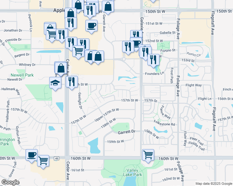 map of restaurants, bars, coffee shops, grocery stores, and more near 15522 Garnet Way in Apple Valley