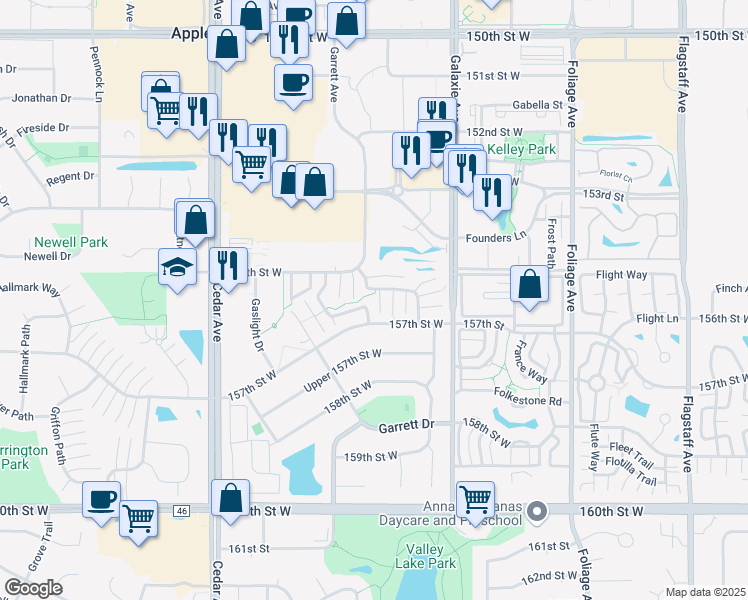 map of restaurants, bars, coffee shops, grocery stores, and more near 15511 Gateway Path in Apple Valley