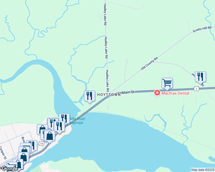 map of restaurants, bars, coffee shops, grocery stores, and more near 13 Hadley Lake Road in Machias