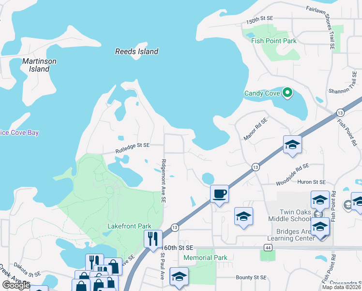 map of restaurants, bars, coffee shops, grocery stores, and more near 15541 Mitchell Circle Southeast in Prior Lake