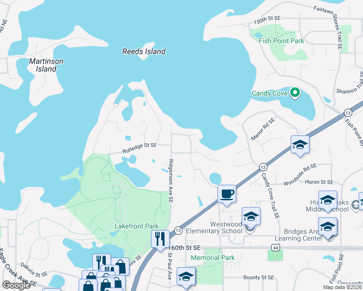map of restaurants, bars, coffee shops, grocery stores, and more near 15543 Ridgemont Avenue Southeast in Prior Lake