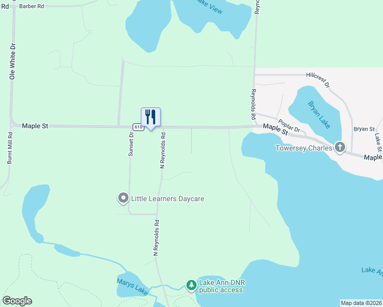 map of restaurants, bars, coffee shops, grocery stores, and more near 6300 Bright Lane in Lake Ann