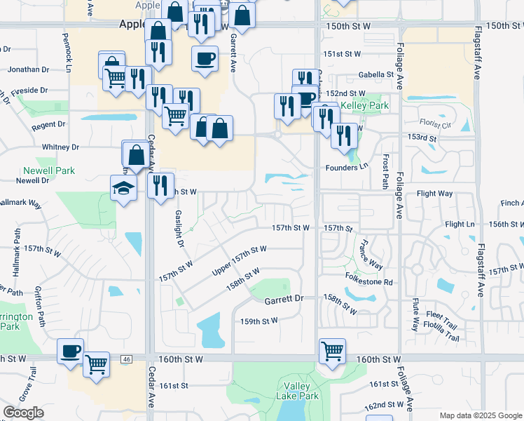 map of restaurants, bars, coffee shops, grocery stores, and more near 15522 Garnet Way in Apple Valley