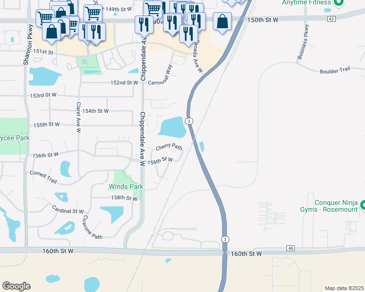 map of restaurants, bars, coffee shops, grocery stores, and more near 15551 Cherry Path in Rosemount