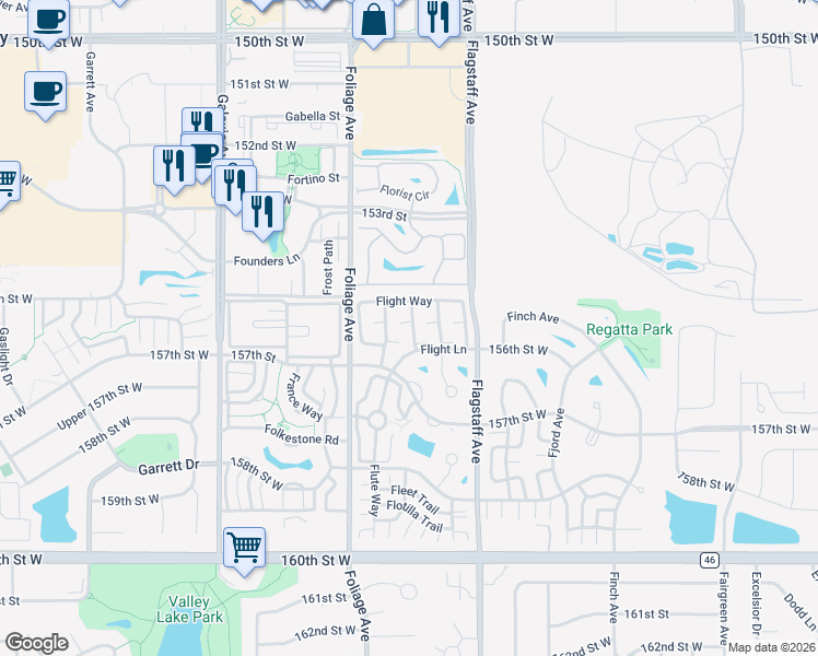 map of restaurants, bars, coffee shops, grocery stores, and more near 15523 Float Lane in Apple Valley