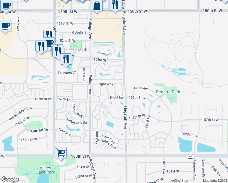 map of restaurants, bars, coffee shops, grocery stores, and more near 15523 Float Lane in Apple Valley