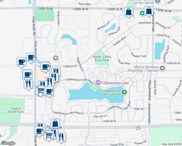 map of restaurants, bars, coffee shops, grocery stores, and more near 15579 Early Bird Circle in Apple Valley