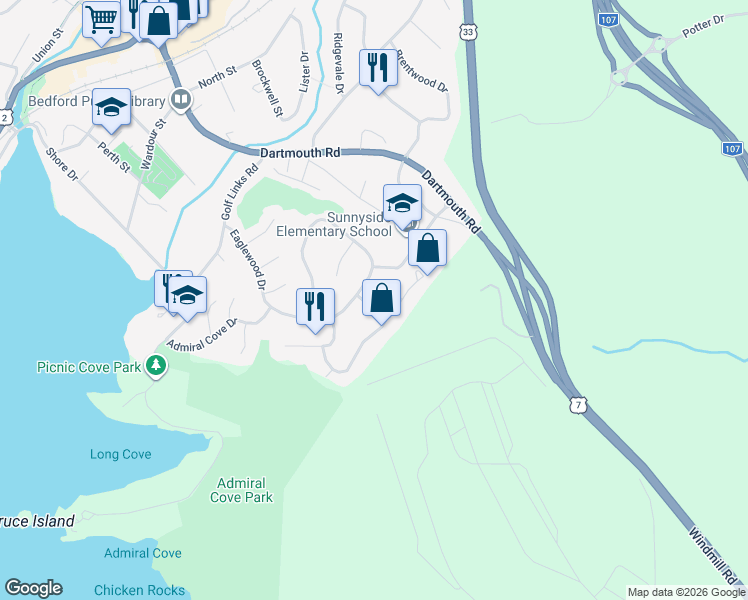 map of restaurants, bars, coffee shops, grocery stores, and more near 9 Nighthawk Lane in Bedford