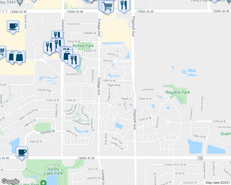 map of restaurants, bars, coffee shops, grocery stores, and more near 15542 Foghorn Lane in Apple Valley