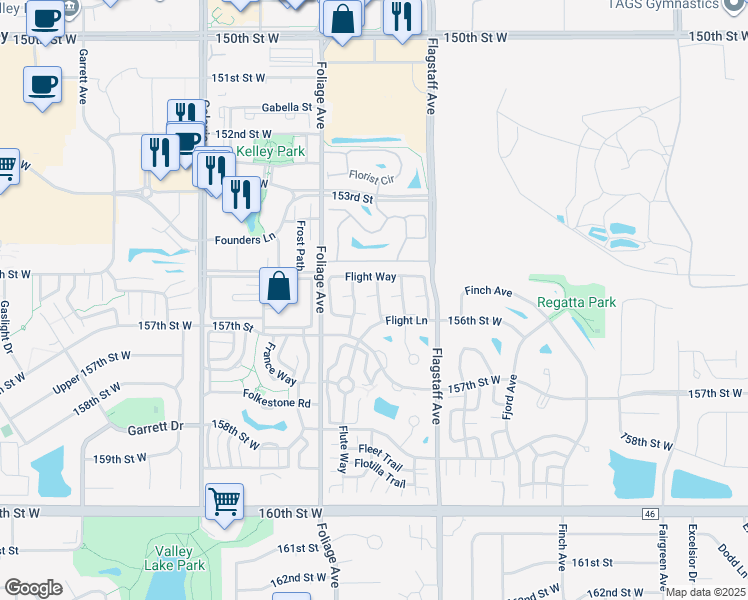 map of restaurants, bars, coffee shops, grocery stores, and more near 15552 Foghorn Lane in Apple Valley