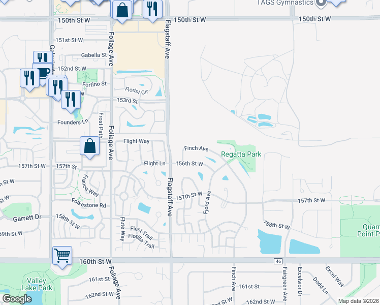map of restaurants, bars, coffee shops, grocery stores, and more near 15550 Finch Avenue in Apple Valley