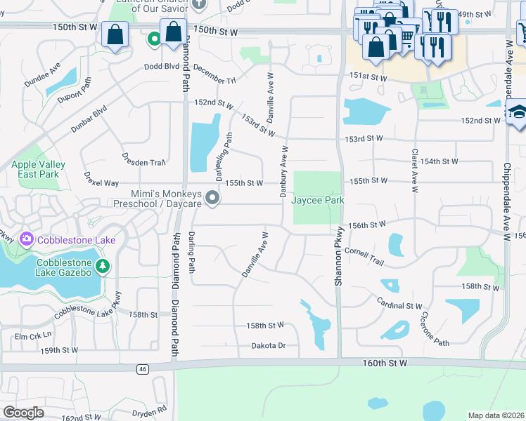 map of restaurants, bars, coffee shops, grocery stores, and more near 15430 Darling Path in Rosemount