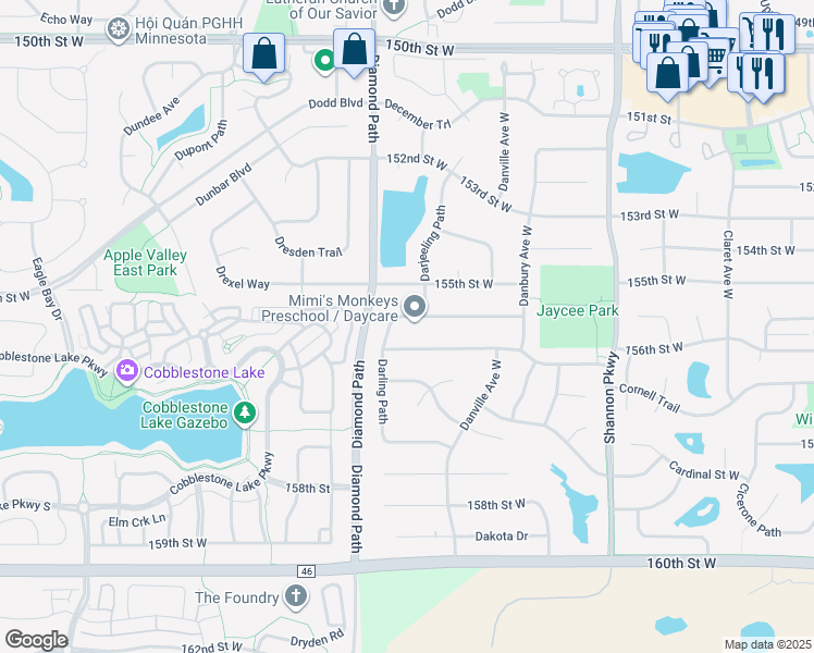map of restaurants, bars, coffee shops, grocery stores, and more near 15470 Darling Path in Rosemount