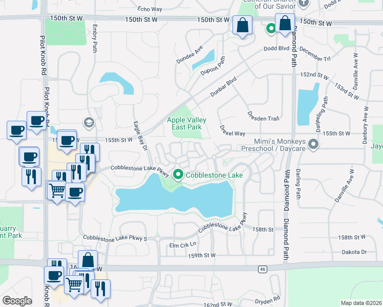 map of restaurants, bars, coffee shops, grocery stores, and more near 15533 Eagle Shore Drive in Apple Valley