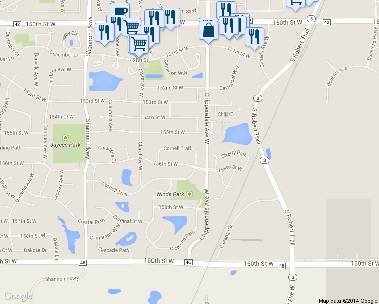 map of restaurants, bars, coffee shops, grocery stores, and more near 15561 Cornell Trail in Rosemount