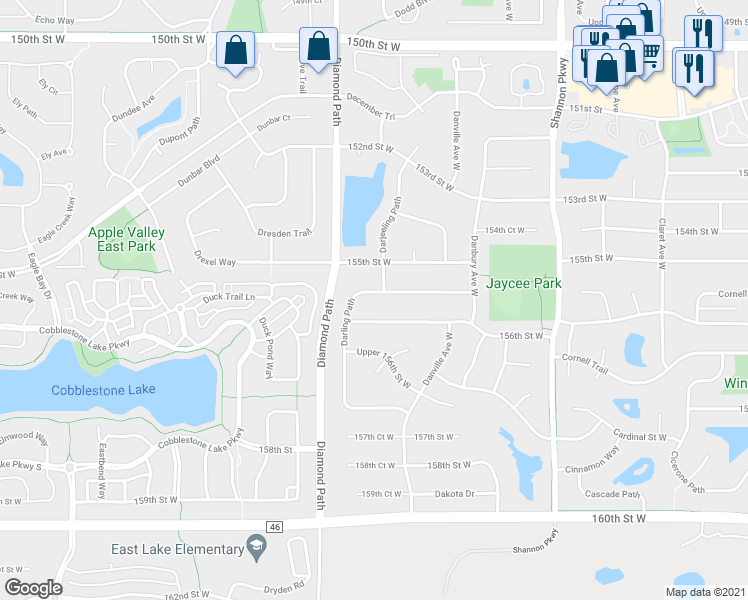 map of restaurants, bars, coffee shops, grocery stores, and more near 15470 Darling Path in Rosemount