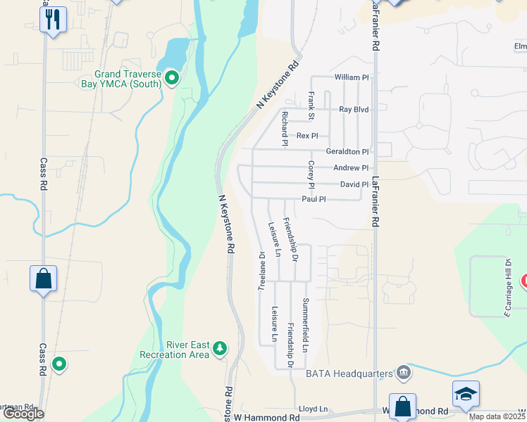 map of restaurants, bars, coffee shops, grocery stores, and more near 2475 Leisure Lane in Traverse City