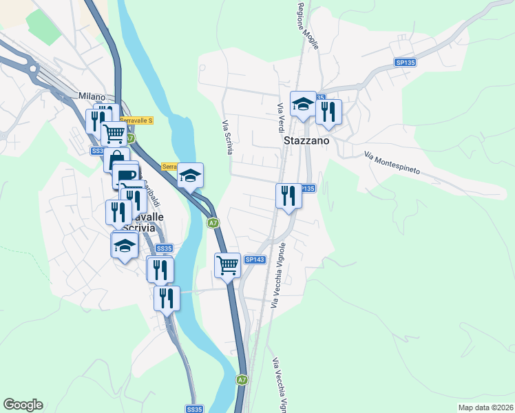 map of restaurants, bars, coffee shops, grocery stores, and more near 38 Viale della Vittoria in Stazzano