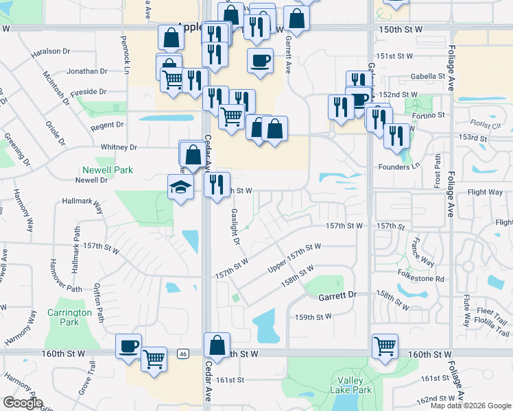 map of restaurants, bars, coffee shops, grocery stores, and more near 7316 155th Street West in Apple Valley