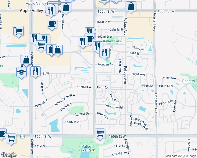 map of restaurants, bars, coffee shops, grocery stores, and more near 15600 Galaxie Avenue in Apple Valley