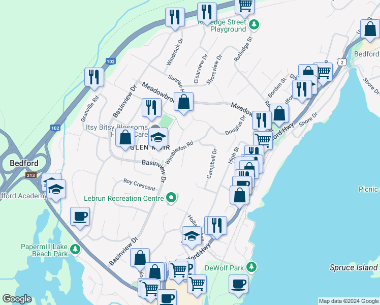map of restaurants, bars, coffee shops, grocery stores, and more near 51 Roy Archibald Drive in Bedford