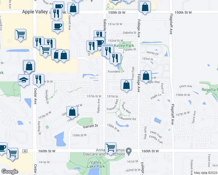 map of restaurants, bars, coffee shops, grocery stores, and more near 15600 Galaxie Avenue in Apple Valley