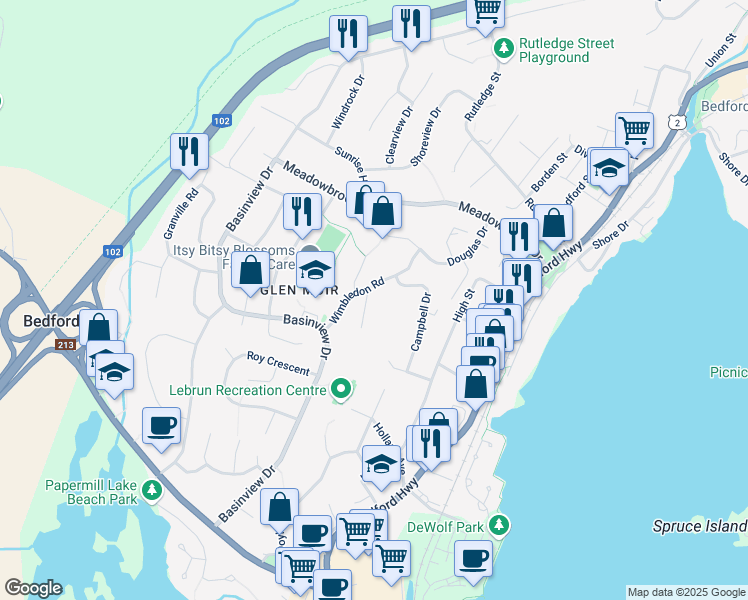 map of restaurants, bars, coffee shops, grocery stores, and more near 51 Wimbledon Road in Bedford