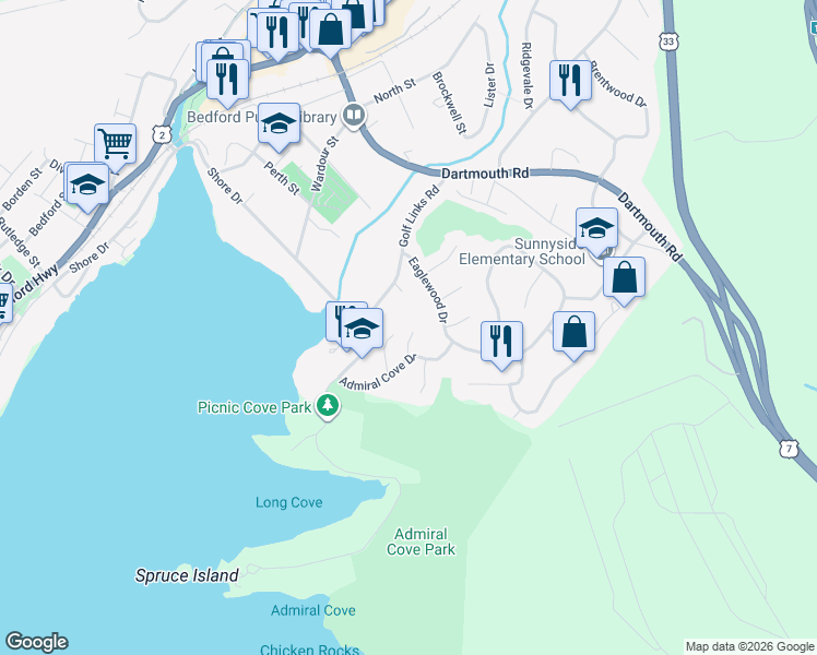 map of restaurants, bars, coffee shops, grocery stores, and more near 20 Fleet Court in Bedford
