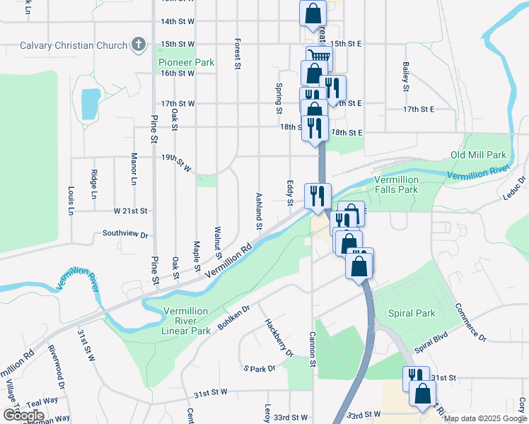 map of restaurants, bars, coffee shops, grocery stores, and more near 2007 Ashland Street in Hastings