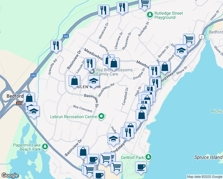 map of restaurants, bars, coffee shops, grocery stores, and more near 51 Roy Archibald Drive in Bedford