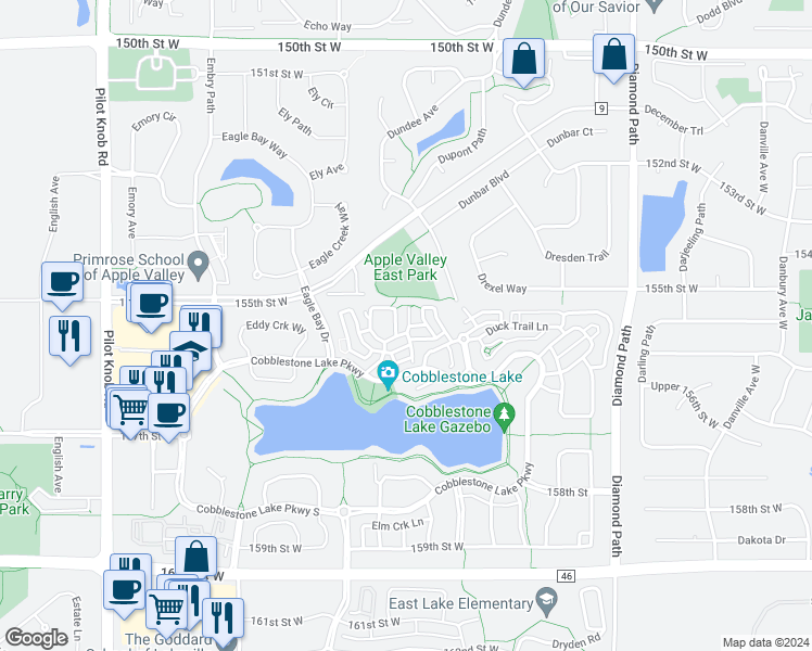 map of restaurants, bars, coffee shops, grocery stores, and more near 15533 Eagle Shore Drive in Apple Valley