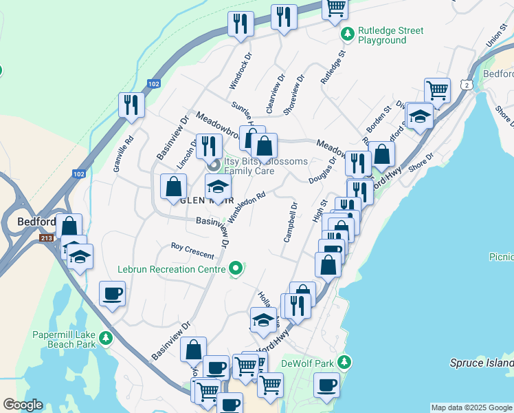 map of restaurants, bars, coffee shops, grocery stores, and more near 51 Wimbledon Road in Bedford