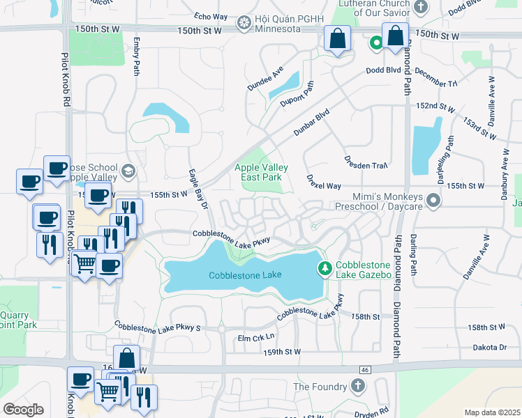 map of restaurants, bars, coffee shops, grocery stores, and more near 15533 Eagle Shore Drive in Apple Valley