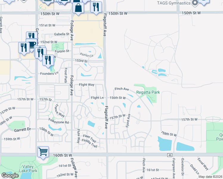 map of restaurants, bars, coffee shops, grocery stores, and more near 15550 Finch Avenue in Apple Valley
