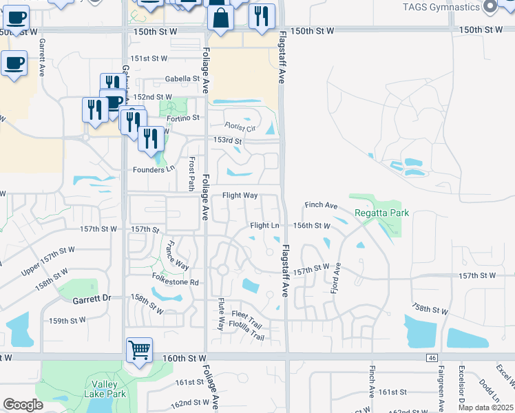 map of restaurants, bars, coffee shops, grocery stores, and more near 15523 Float Lane in Apple Valley