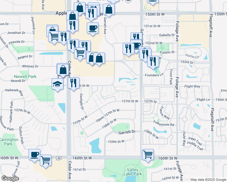 map of restaurants, bars, coffee shops, grocery stores, and more near 15522 Garnet Way in Apple Valley