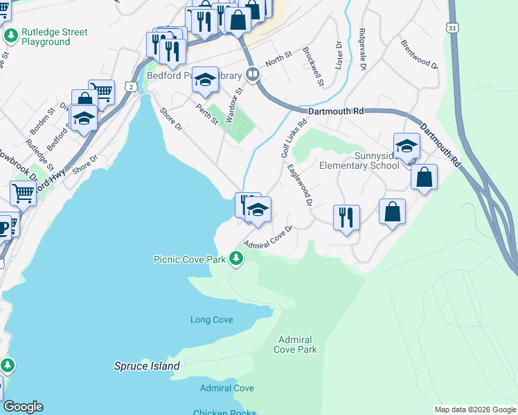 map of restaurants, bars, coffee shops, grocery stores, and more near 880 Shore Drive in Bedford