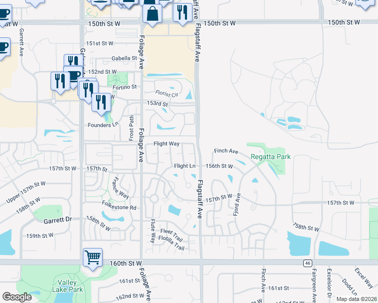 map of restaurants, bars, coffee shops, grocery stores, and more near 15565 Flight Way in Apple Valley