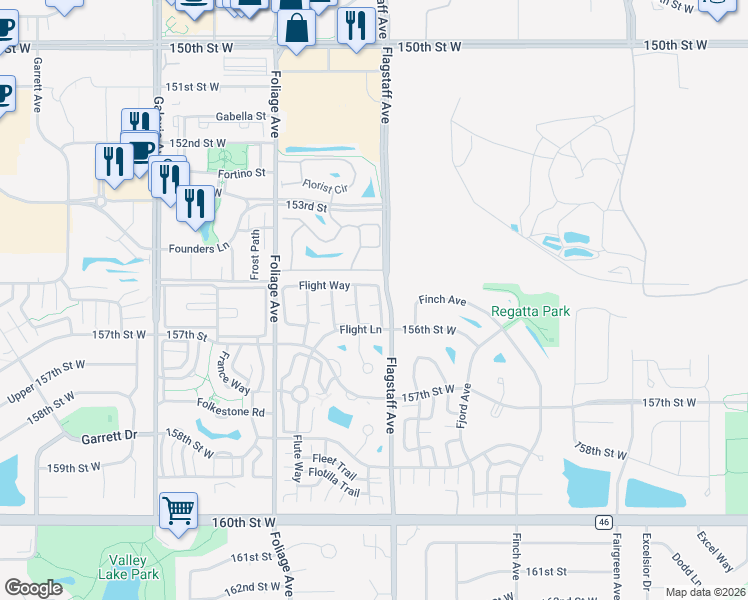map of restaurants, bars, coffee shops, grocery stores, and more near 15565 Flight Way in Apple Valley