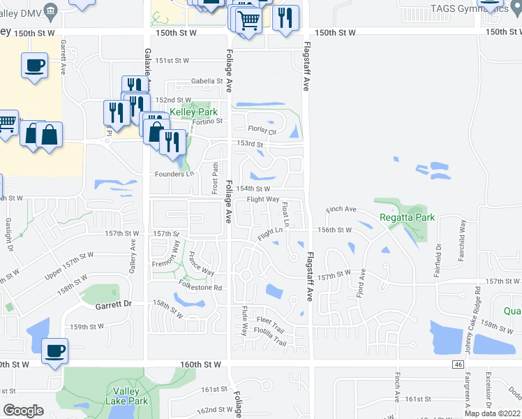map of restaurants, bars, coffee shops, grocery stores, and more near 15525 Flyboat Lane in Apple Valley