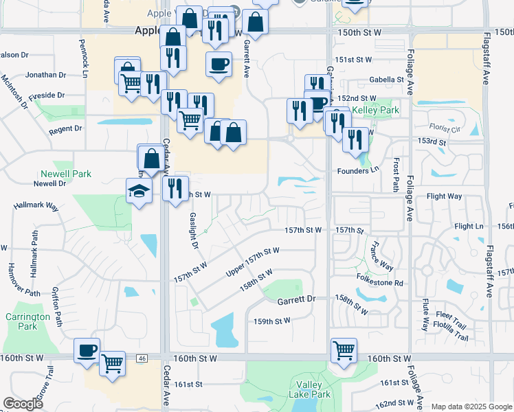 map of restaurants, bars, coffee shops, grocery stores, and more near 15522 Garnet Way in Apple Valley