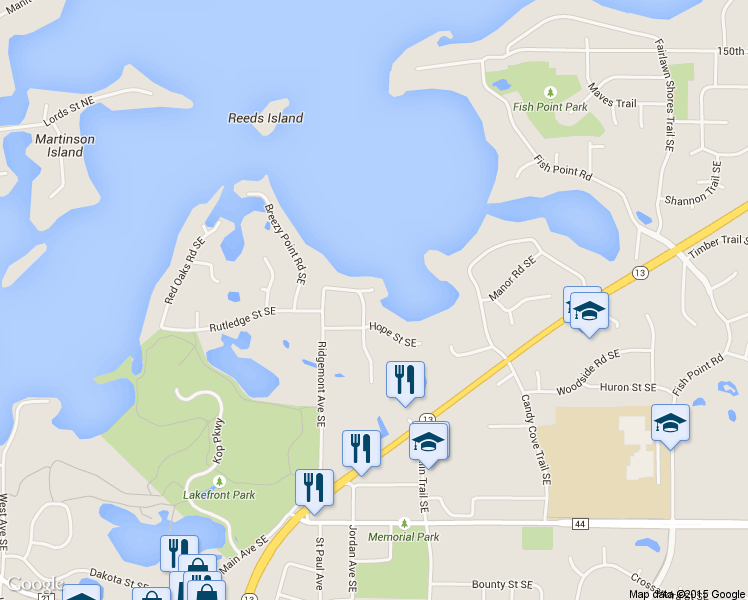 map of restaurants, bars, coffee shops, grocery stores, and more near 15541 Mitchell Circle Southeast in Prior Lake