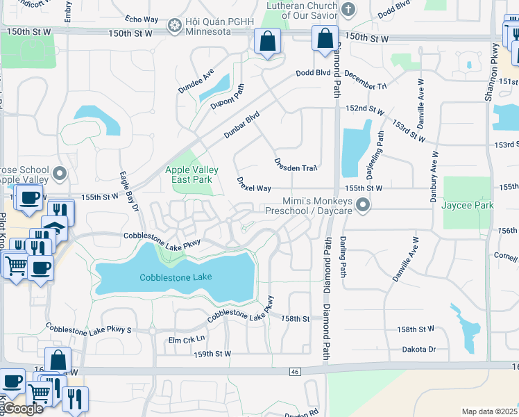 map of restaurants, bars, coffee shops, grocery stores, and more near 15551 Duck Trail Lane in Apple Valley