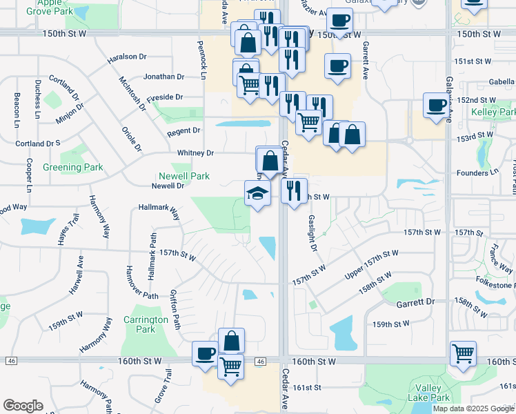 map of restaurants, bars, coffee shops, grocery stores, and more near 7500 Whitney Drive in Apple Valley