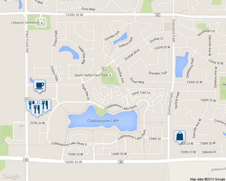 map of restaurants, bars, coffee shops, grocery stores, and more near 15533 Eagle Shore Drive in Apple Valley