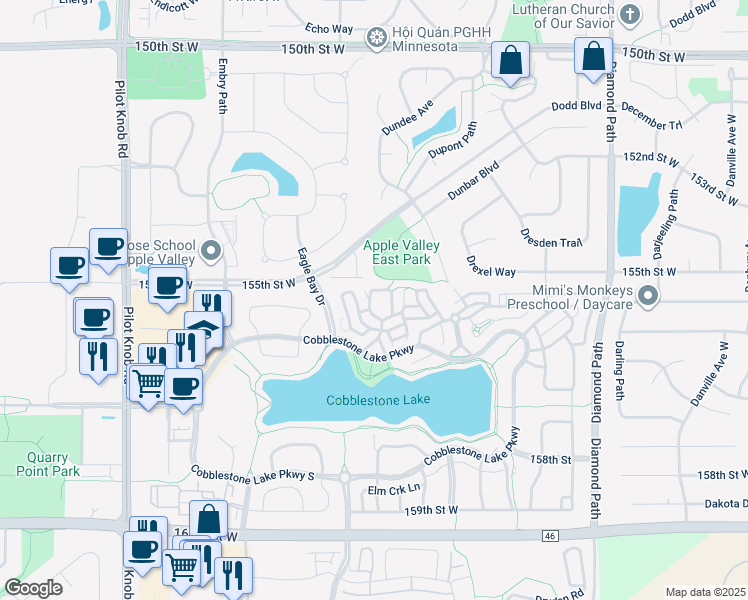 map of restaurants, bars, coffee shops, grocery stores, and more near 15595 Eagles Nest Way in Apple Valley